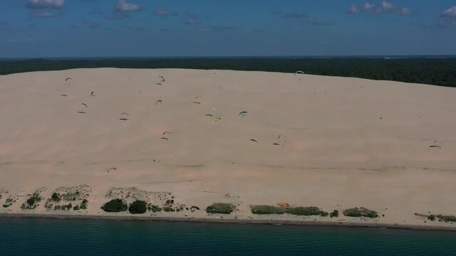  Paragliders fly over the Dune of Pilat Dune du Pilat , Arcachon, France. Largest sand dune in Europe.