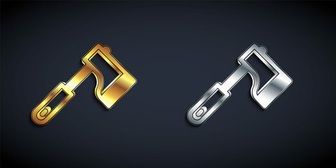 Gold and silver Wooden axe icon isolated on black background. Lumberjack axe. Long shadow style. Vector