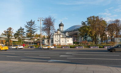 Fototapeta na wymiar Moscow Church of the Conception of Righteous Anna in the corner on a sunny morning