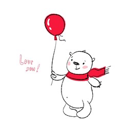 cute bear with red balloon, freehand vector illustration, valentines clipart with cartoon character good for card and print design