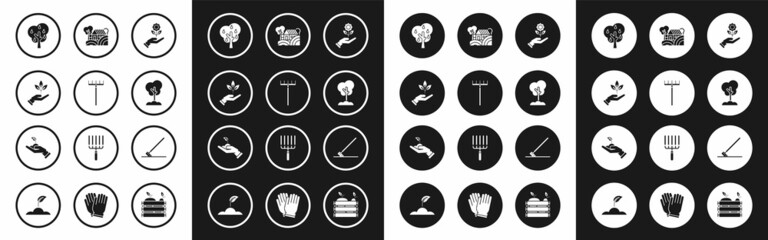 Set Hand holding flower, Garden rake, Plant hand of environmental protection, Tree with pears, the ground, Farm House concept, work and Sprout icon. Vector