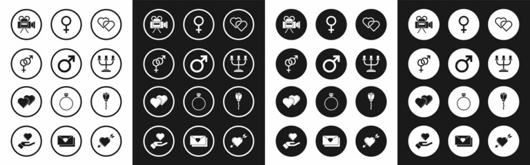 Set Two Linked Hearts, Male gender symbol, Gender, Cinema camera, Candlestick, Female, Flower rose and icon. Vector
