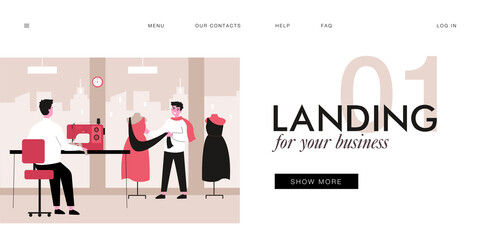 Tailor making dresses using sewing machine. Designer or customer looking at clothes on mannequins flat vector illustration. Fashion, clothing concept for banner, website design or landing web page