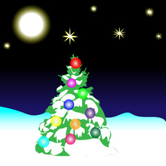 New Year's landscape. Christmas tree in the forest in the snow. Moon and stars.2022