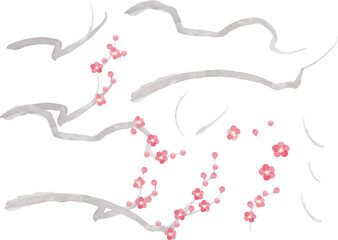 水彩で描いた梅の枝のイラスト