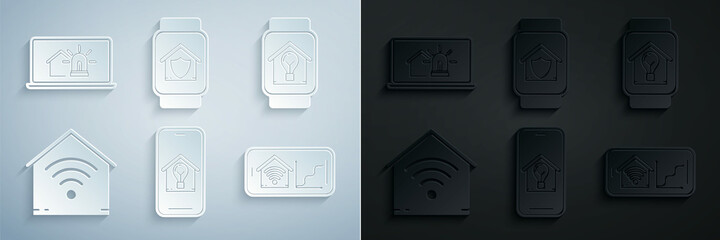 Set Mobile phone with smart house and light bulb, Smart watch, home wi-fi, under protection and Laptop alarm icon. Vector