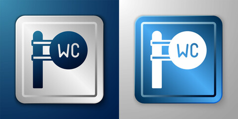 White Toilet icon isolated on blue and grey background. WC sign. Washroom. Silver and blue square button. Vector