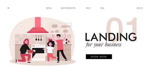 Mother and children baking cake in kitchen together. Woman taking pie out of oven, happy son and daughter flat vector illustration. Family, parenting, culinary concept for banner, website design