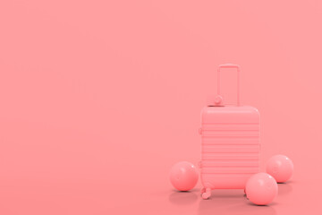 Suitcase with beach ball and flip flops on monochrome pink background.