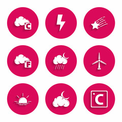 Set Cloud with rain and moon, stars, Celsius, Wind turbine, Sunrise, Fahrenheit cloud, Falling and icon. Vector