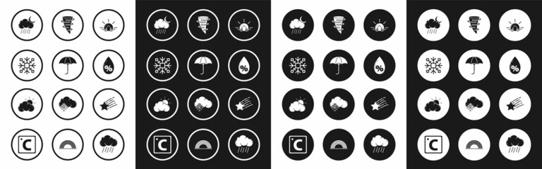 Set Sunrise, Classic elegant opened umbrella, Snowflake, Cloud with rain and moon, Water drop percentage, Tornado, Falling star and cloud weather icon. Vector