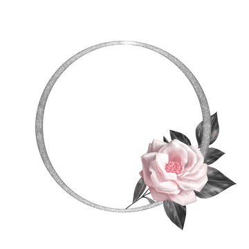 Silver round frame with rose flower. Isolated on white.