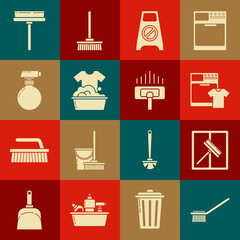 Set Toilet brush, Squeegee, scraper, wiper, Washer and t-shirt, Wet floor cleaning in progress, Plastic basin with soap suds, , and Vacuum cleaner icon. Vector