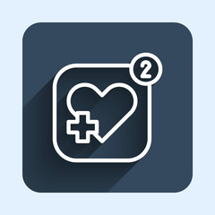 Obraz premium White line Smartphone with heart rate monitor function icon isolated with long shadow background. Blue square button. Vector