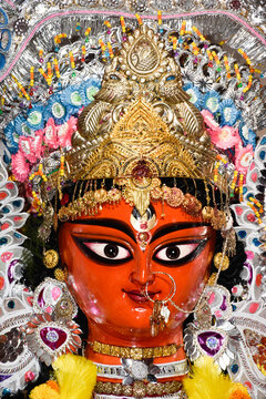Jagadhatri idol - The idol of goddess Jagadhatri in 2021 at Bindhyabasini Temple, Guptipara where first Barwari puja of undivided Bengal was introduced.