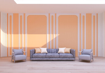 Interior poster frames mockup with gray sofa with armchairs and tree in wicker baskets on the wooden floor in the green room. 3D rendering.