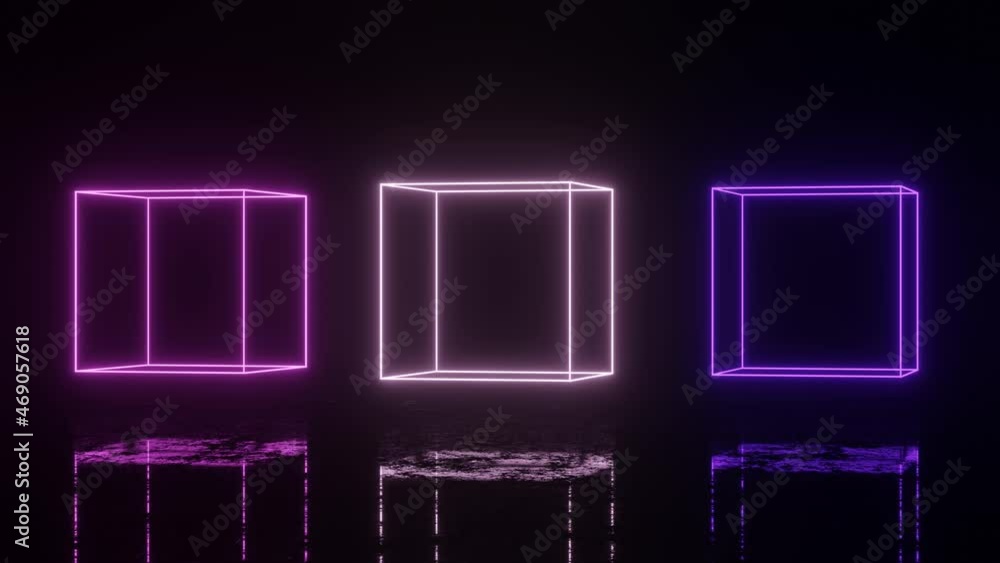 Aufkleber neon glowing boxes in dark space with reflections on the floor. seamless loop simple animation with 