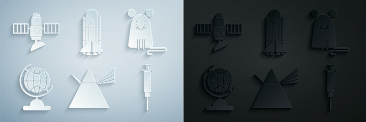 Set Light rays in prism, Rat, Earth globe, Syringe, Space shuttle and rockets and Satellite icon. Vector