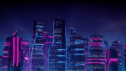 Sci-fi Metropolis with Blue and Pink Neon lights. Night scene with Futuristic Architecture.