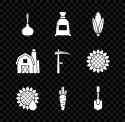 Set Onion, Bag of flour, Corn, Sunflower, Carrot, Shovel, Farm House concept and Scythe icon. Vector