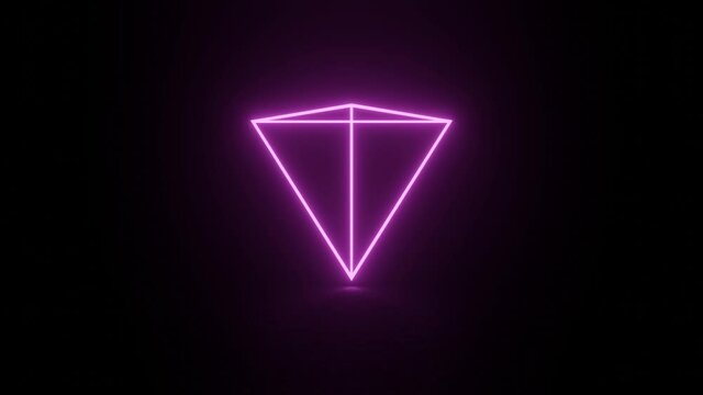Neon glowing pyramid in dark space. Seamless loop abstract motion graphic concept scene