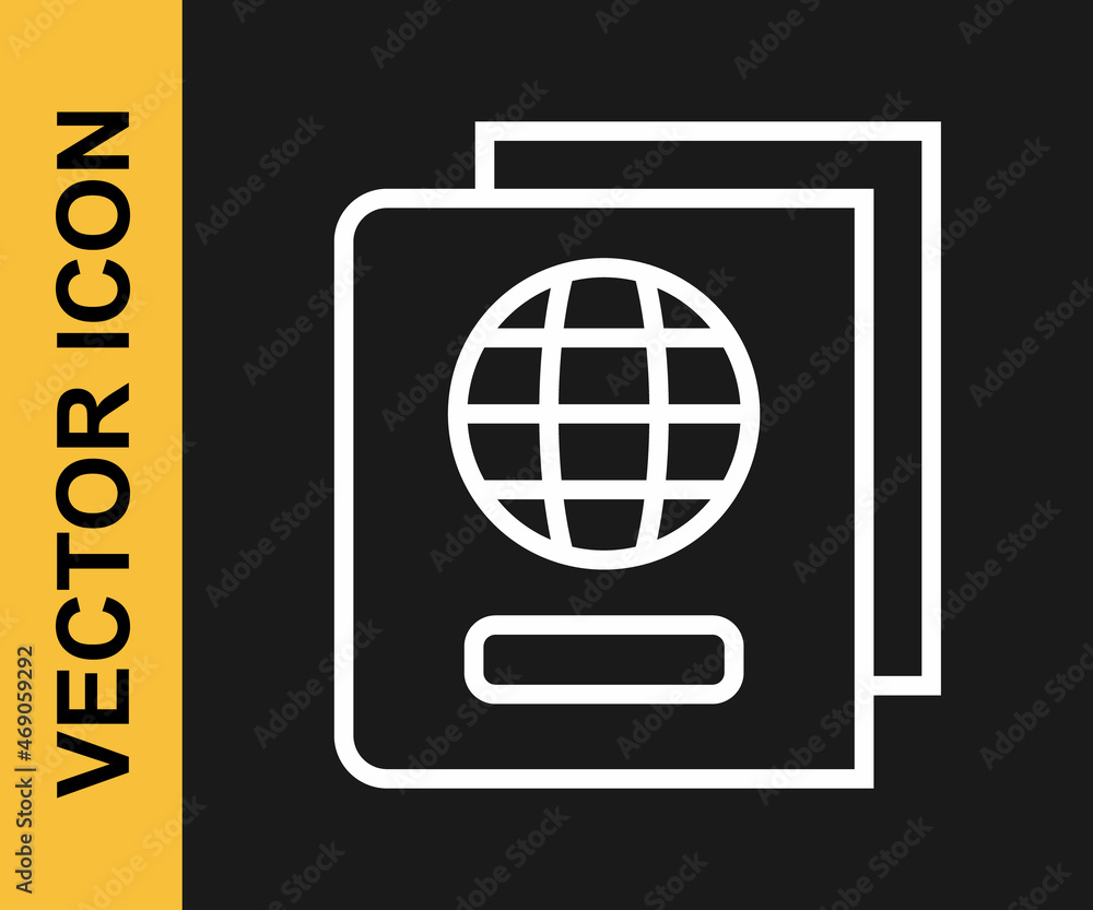 Poster white line passport with biometric data icon isolated on black background. identification document. 