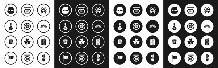 Set Medal with four leaf clover, Gold coin, Money bag, Glass of whiskey, Rainbow, Street signboard inscription Bar, Saint Patricks Day flyer, brochure, postcard and Leprechaun hat and icon. Vector