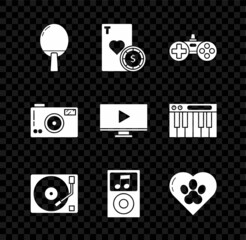 Set Racket for playing table tennis, Casino chip and cards, Gamepad, Vinyl player with vinyl disk, Music, Heart animals footprint, Photo camera and Online video icon. Vector
