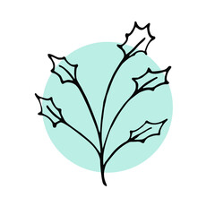 Branch of a plant hand drawn, black silhouette on green circle and white background. Design element, vector