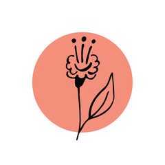 Obraz premium Flower hand-drawn, black silhouette on orange circle and white background. Design element, vector