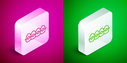 Isometric line Teeth with braces icon isolated on pink and green background. Alignment of bite of teeth, dental row with with braces. Dental concept. Silver square button. Vector