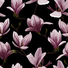Seamless floral pattern with violet tropical magnolia flowers branch on black background. Template design for textiles, interior, clothes, wallpaper. Botanical art. Engraving style.