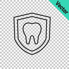 Black line Dental protection icon isolated on transparent background. Tooth on shield logo. Vector