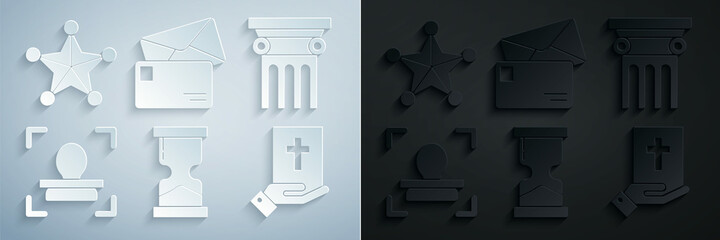 Set Old hourglass, Law pillar, Face recognition, Oath the Holy Bible, Envelope and Hexagram sheriff icon. Vector