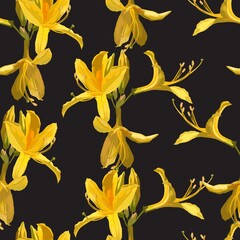 Seamless pattern with yellow Oleander flower. Rhododendron Cosmopolitan flowers on black background. 