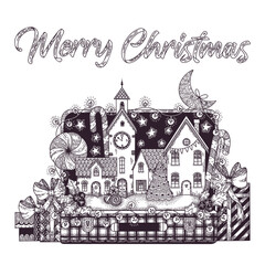 Christmas illustration of a street with houses in a suitcase, fir tree, gift, candy and mistletoe branches. Festive winter decor isolated on white background. Cute picture for a card, packaging, decor