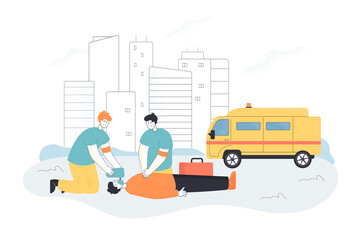 Team of emergency doctors doing cardiopulmonary resuscitation of unconscious man in accident. CPR assistance to critical patient flat vector illustration. First aid, resuscitation training concept - obrazy, fototapety, plakaty