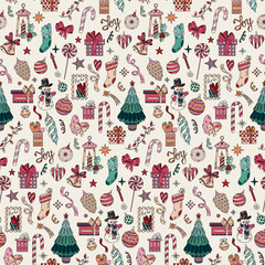 Seamless pattern vector. Christmas elements in doodle graphic style. New year decoration, colors hand drawn elements. Romantic illustration, greeting card. Winter template.
