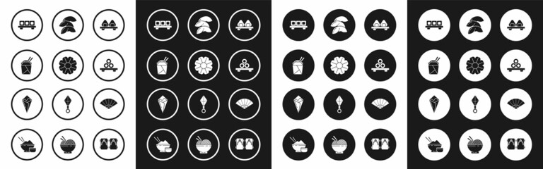 Set Sushi on cutting board, Flower, Asian noodles paper box and chopsticks, Chinese fortune cookie, Paper chinese japanese folding fan and Temaki roll icon. Vector