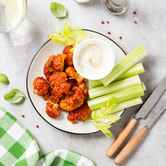 Buffalo style barbecue cauliflower with fresh celery sticks and sauce . Light gray stone...