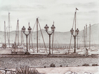 Embankment in Italy. On the pier of yachts, boats, lanterns.