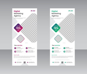 Creative corporate roll up banner design in curve shape layout, geometric triangle and exhibition ads pull up design x-banner design template