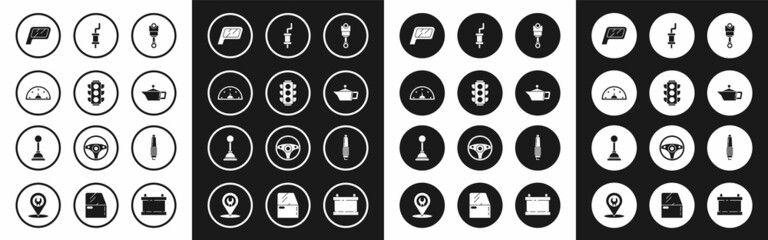 Set Engine piston, Traffic light, Speedometer, Car mirror, Canister for motor machine oil, muffler, spark plug and Gear shifter icon. Vector