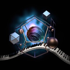 Piano keyboard and abstract shapes. Concept of music. 3D render / rendering