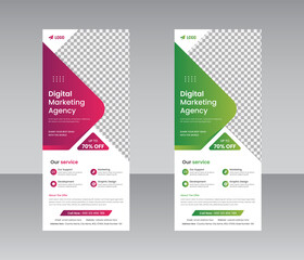 Creative corporate roll up banner design in curve shape layout, geometric triangle and exhibition ads pull up design x-banner design template