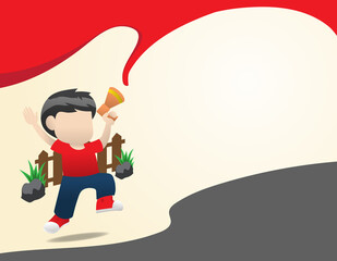 Wallpaper Image of a Boy having fun while carrying speakers in the garden with Negative Space. Perfect for kids presentation template