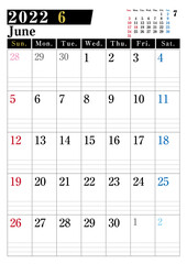 2022年　シンプル縦型カレンダー　6月