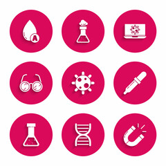 Set Bacteria, DNA symbol, Magnet, Pipette, Test tube and flask chemical, Laboratory glasses, on laptop and Water drop icon. Vector