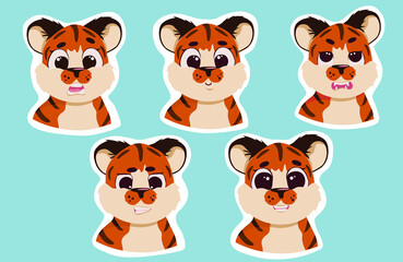 Tiger emoji set. Collection of cute animal objects with tiger. Illustration for badge, sticker, for printing.
