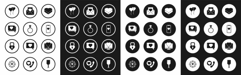 Set Candy in heart shaped box, Wedding rings, Like, Balloons form of, Mobile phone with, Envelope, Computer monitor and Castle the icon. Vector